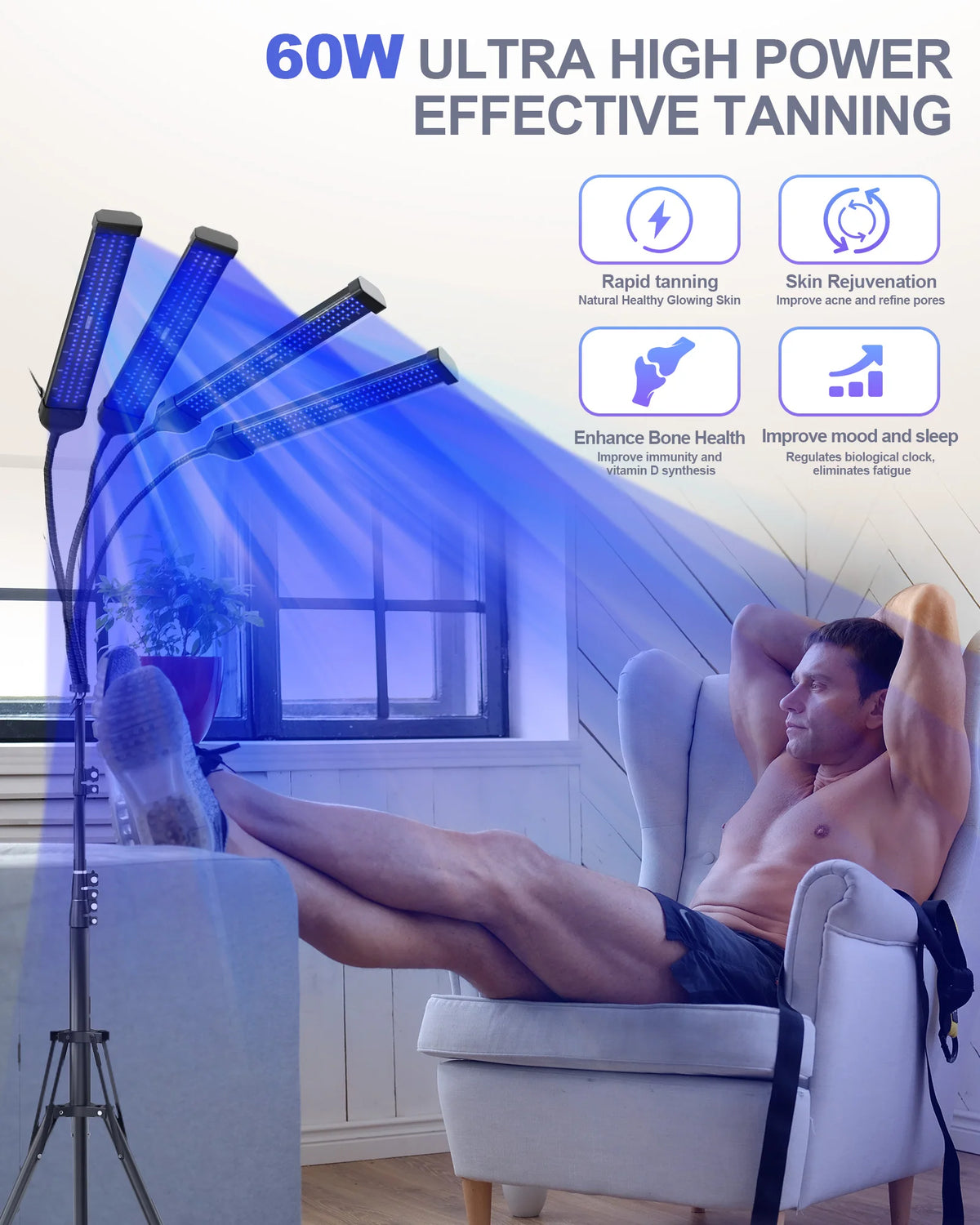 Lámpara de bronceado de 60W Máquina de bronceado UV de 4 cabezales 432 LEDS Longitud de onda de luz azul 460 nm y 490 nm 360 °   Luz bronceadora de solario de rotación