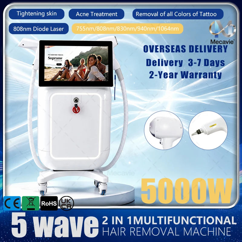 Máquina de Depilación Láser Sin Dolor 2 en 1 de 5000W con Diodo de 5 Longitudes de Onda (755, 808, 830, 940, 1064 nm) ND:YAG Pico Switch para Cuidado de la Piel