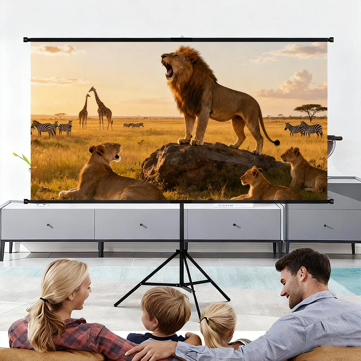 Pantalla de proyector gris con soporte trípode negro y marco superior de montaje