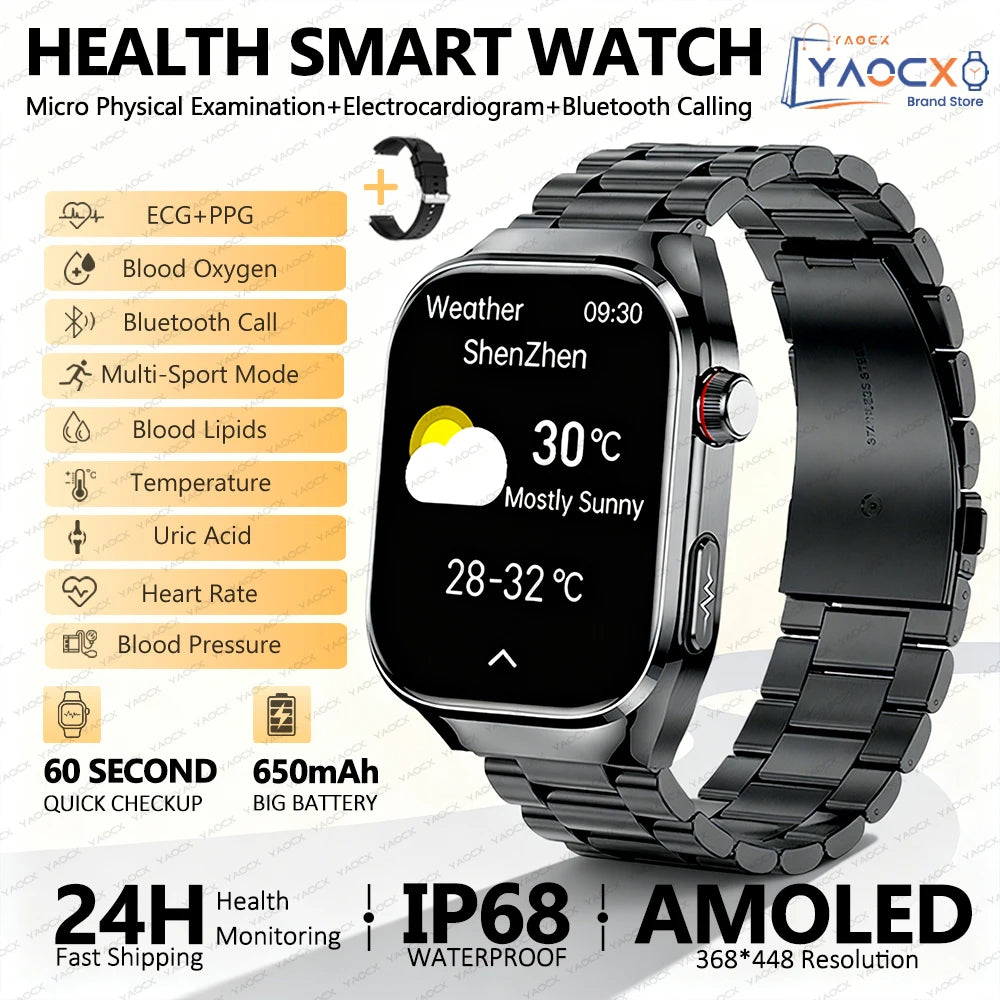 Reloj inteligente para hombre 2026, nuevo modelo con medición de ácido úrico y lípidos en sangre, ECG+PPG, presión arterial, frecuencia cardíaca, llamadas Bluetooth, reloj inteligente de salud