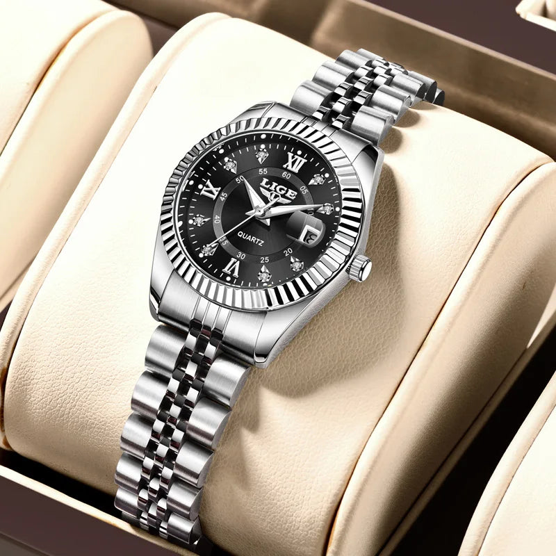 Reloj de pulsera LIGE de moda para mujer, resistente al agua, luminoso, con fecha, elegante reloj de cuarzo de acero inoxidable para mujer