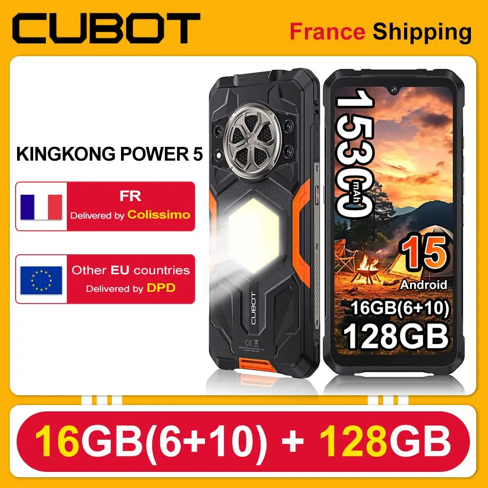 Smartphone ultra resistente CUBOT KingKong Power 5 G100 Android 15, 15300 mAh 6.88" 120 Hz, 16 GB RAM (6+10), 128 GB ROM, teléfono con luz de camping de 64 MP