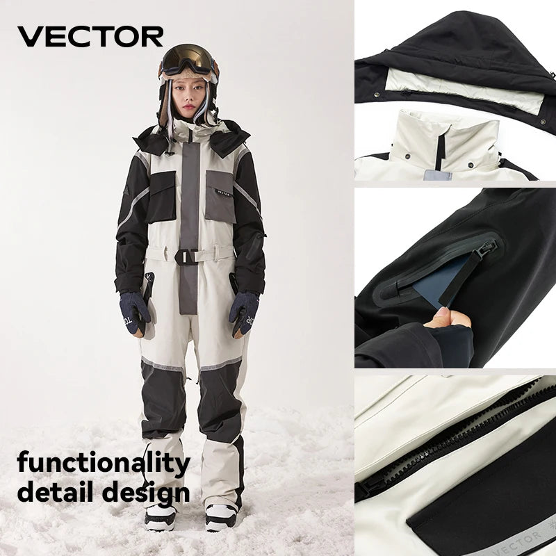 Mono de esquí grueso de una pieza para hombre y mujer, chaqueta de Snowboard para deportes al aire libre, traje de salto cálido, ropa de invierno impermeable, monos con capucha