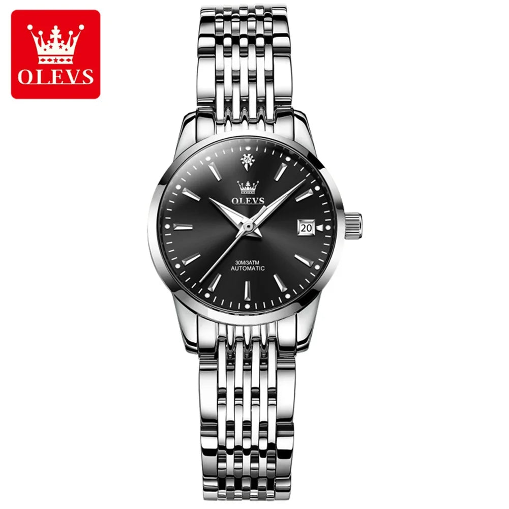 Reloj mecánico para mujer OLEVS 6635, reloj de pulsera elegante de lujo sencillo, reloj automático con calendario y resistente al agua de acero inoxidable