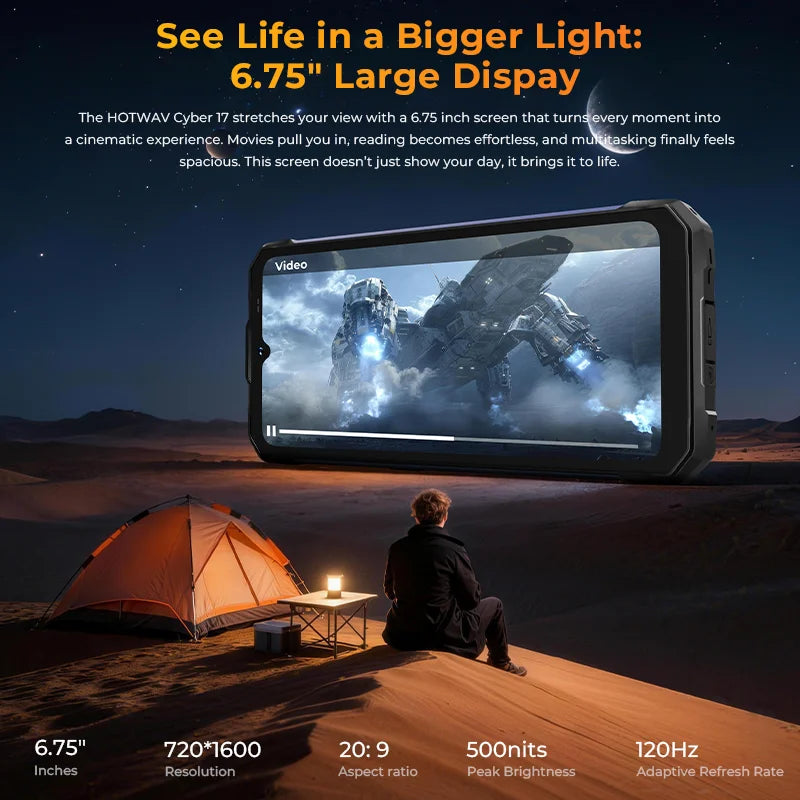 HOTWAV Cyber 17 Rugged Smartphone Android 16 6.75'' 120Hz RGB Dynamic Light Mobile Phone 350LM 6200mAh 20W 6GB 128GB Cellphone