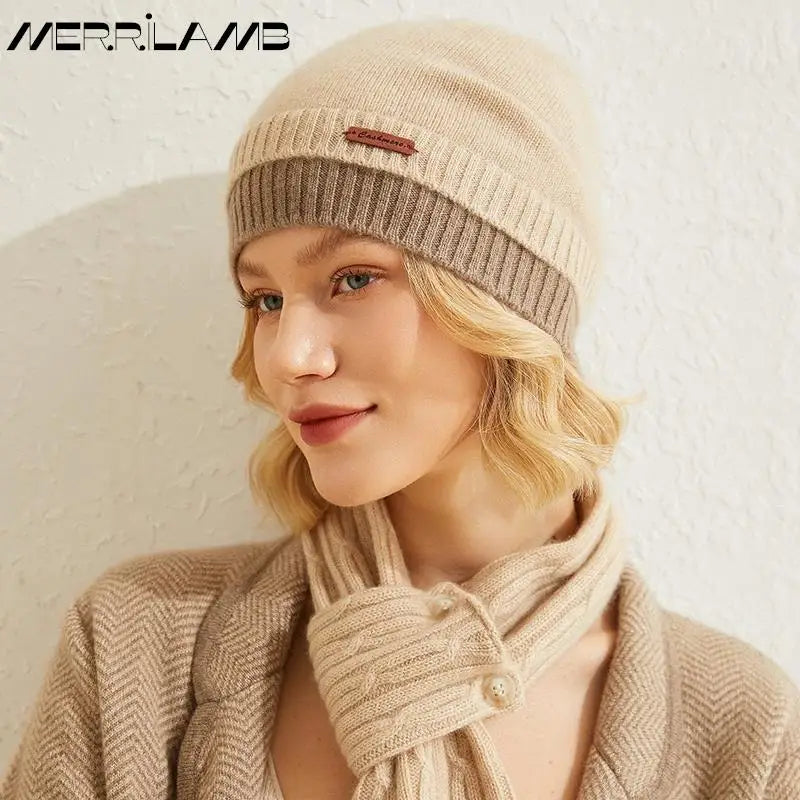 MERRILAMB-Sombrero de Cachemira para mujer, gorros gruesos y cálidos con orejeras, capucha, de punto, 100%
