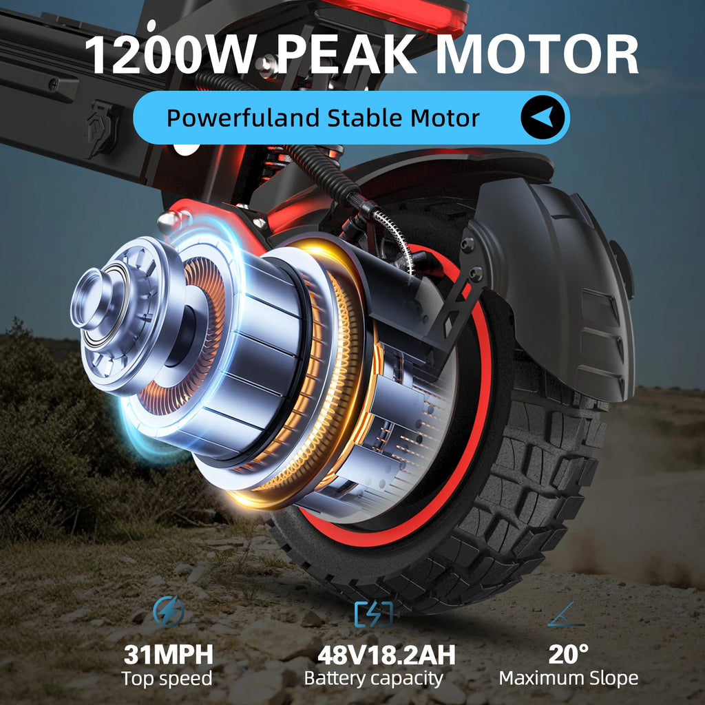 Motor eléctrico del patinete y rueda delantera con neumático todoterreno negro y aro rojo