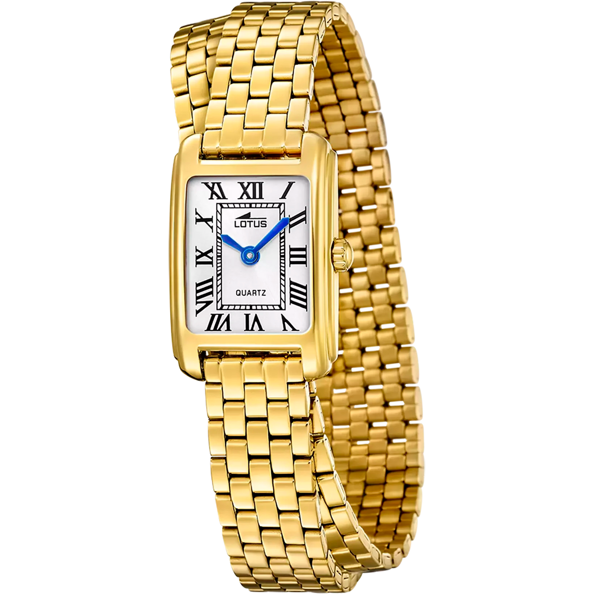 El reloj de mujer LOTUS 19101/1 OLD MONEY presenta una elegante esfera blanca, una caja rectangular de acero inoxidable chapado en oro y una correa de metal con baño de oro, lo que lo convierte en una opción lujosa para ocasiones elegantes.