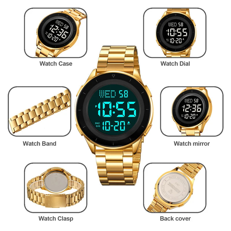 Reloj de pulsera digital LED con doble zona horaria Skmei, correa de acero de lujo, resistente al agua 3Bar, reloj deportivo militar para hombre con alarma