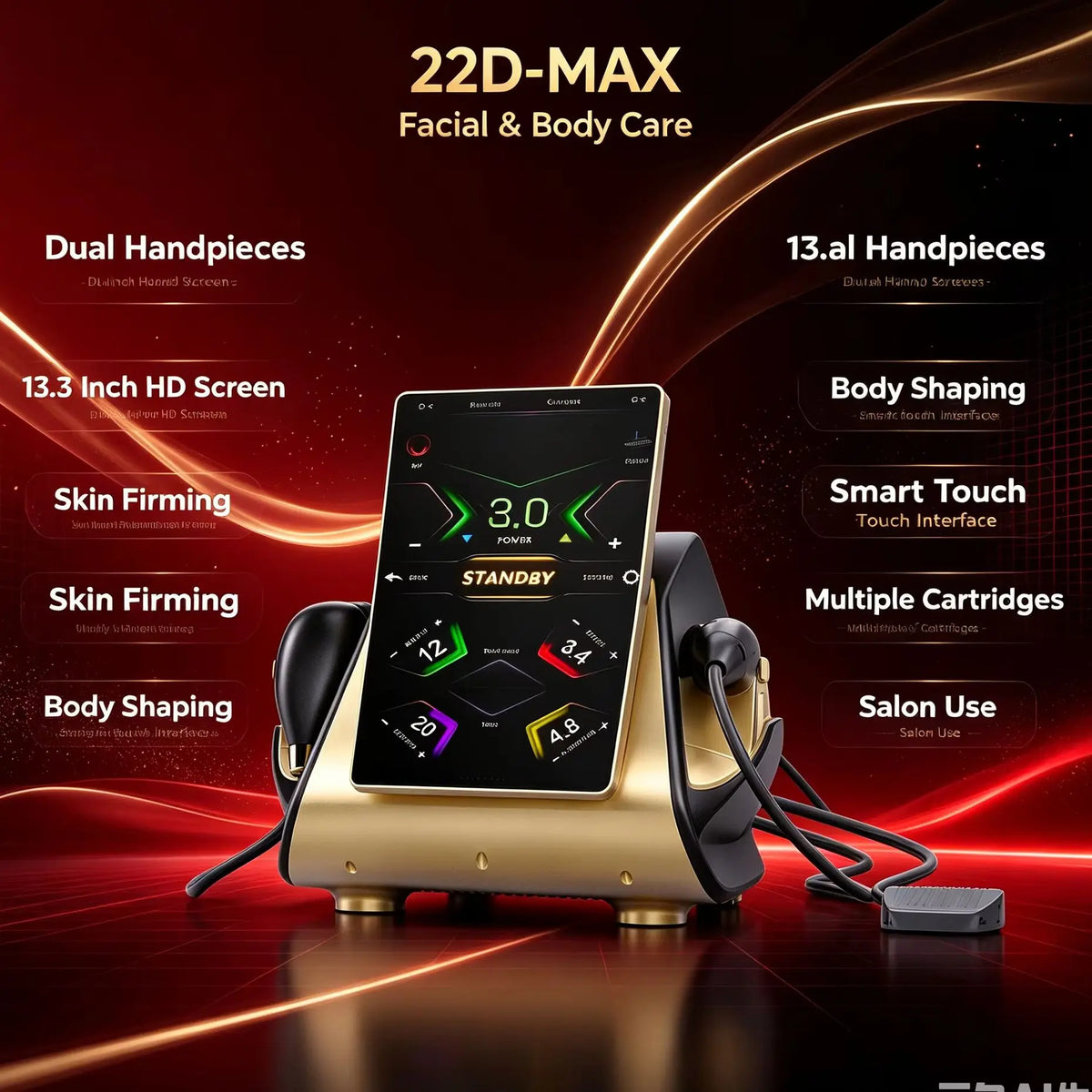 Máquina de Belleza 22D‑MAX con Dos Manijas, Dispositivo Reafirmante de Piel y Moldeador Corporal, Pantalla Táctil HD de 13.3 Pulgadas, Equipo para el Cuidado Facial y Corporal de la Piel