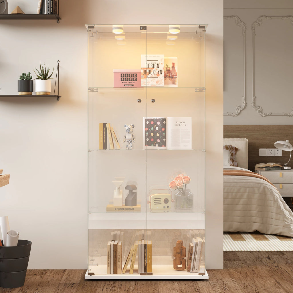 Vitrina de cristal con luces LED, vitrina de exhibición con 4 estantes de cristal y puertas con cerradura, vitrina moderna para coleccionables, libros, figuras, sala de estar, 163 X 80.6 X 36.5 CM