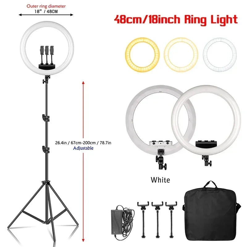Aro de Luz LED de 45CM / 18 Pulgadas con Diferentes Estilos de Trípode o Soporte o Sin Soporte, Aro de Luz LED Grande de 18 Pulgadas con Control Remoto, Trípode, Soporte para Teléfono, Iluminación para Transmisiones en Vi