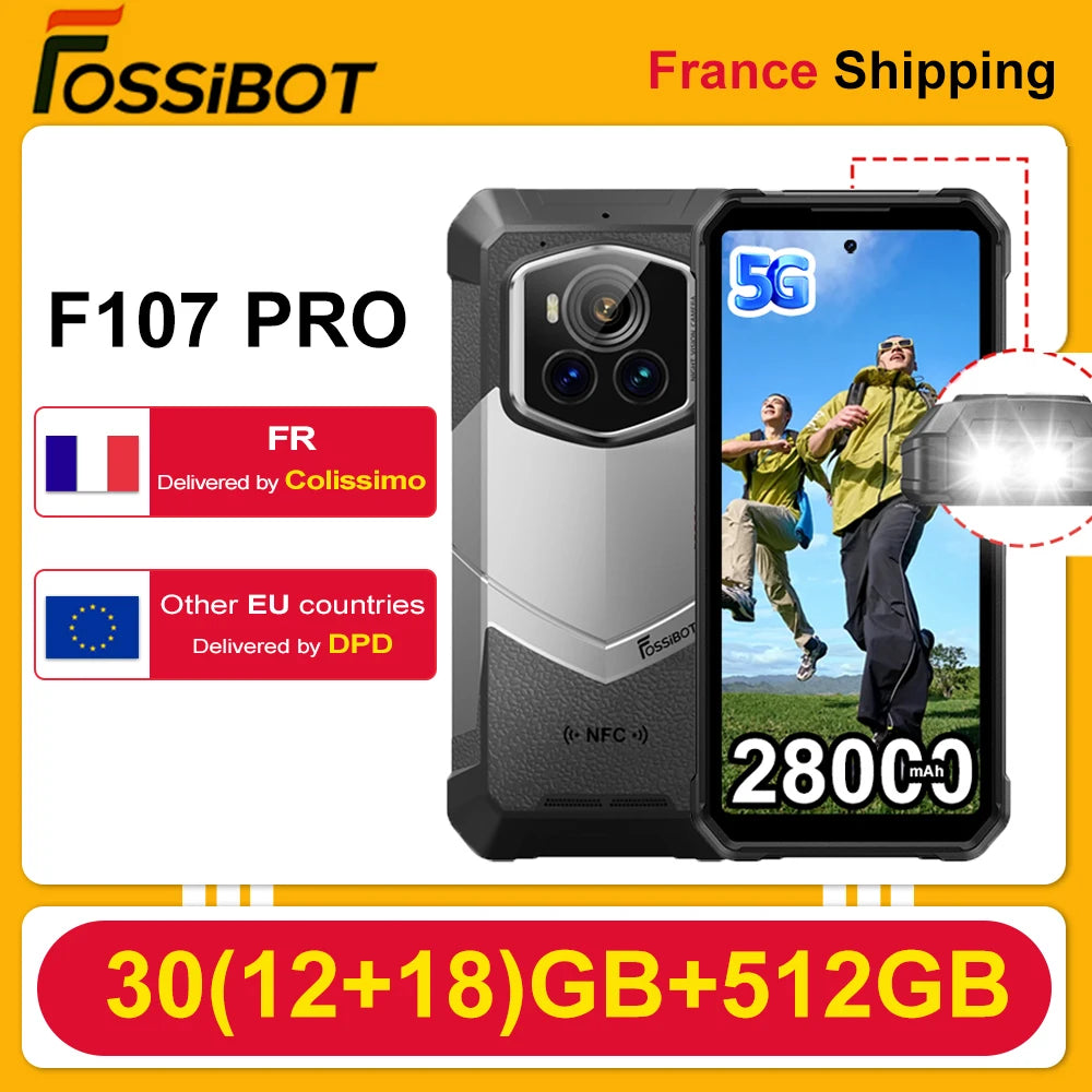 Teléfono móvil resistente Fossibot F107 Pro 5G 30(12+18)GB+512GB Android 15 28000mAh 66W 200MP+32MP NFC/GPS con doble linterna brillante