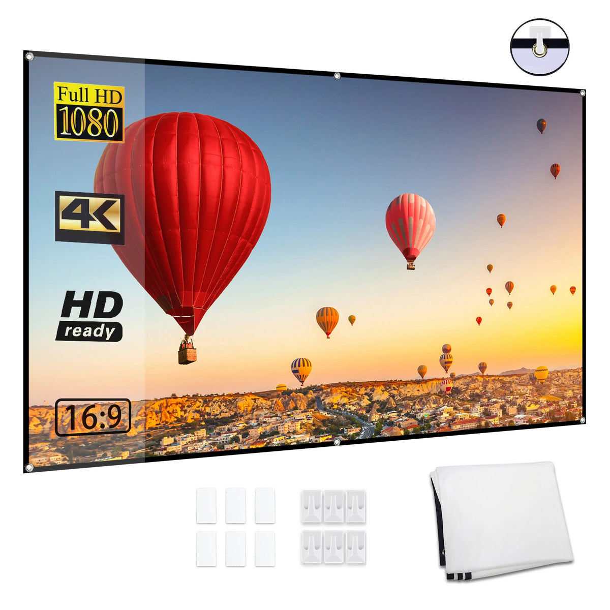 Pantalla de proyector portátil con marco metálico y superficie de proyección blanca 16:9
