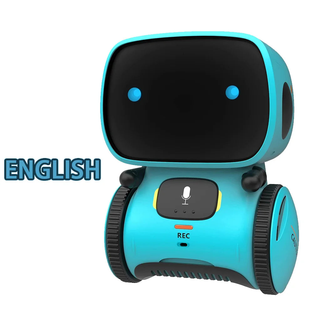 Robot de juguete azul turquesa con ojos luminosos y pantalla negra, botón REC