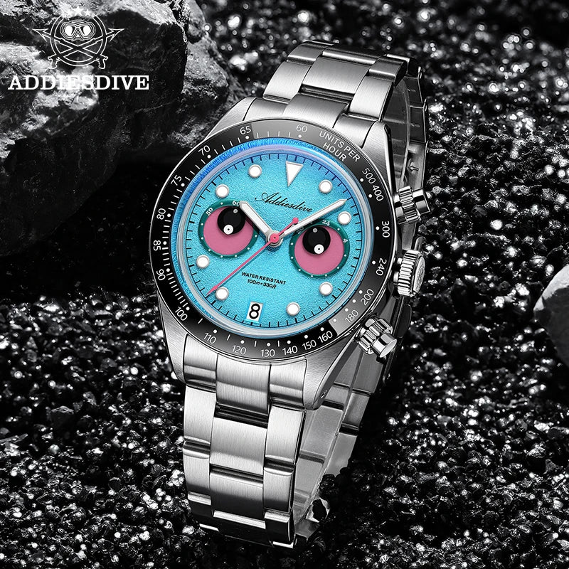Reloj de lujo para hombre ADDIESDIVE AD2557 con esfera divertida, cronógrafo Meca-Quartz VK64, bisel de cerámica de 40 mm, luminiscencia BGW9 y resistente al agua hasta 100 m