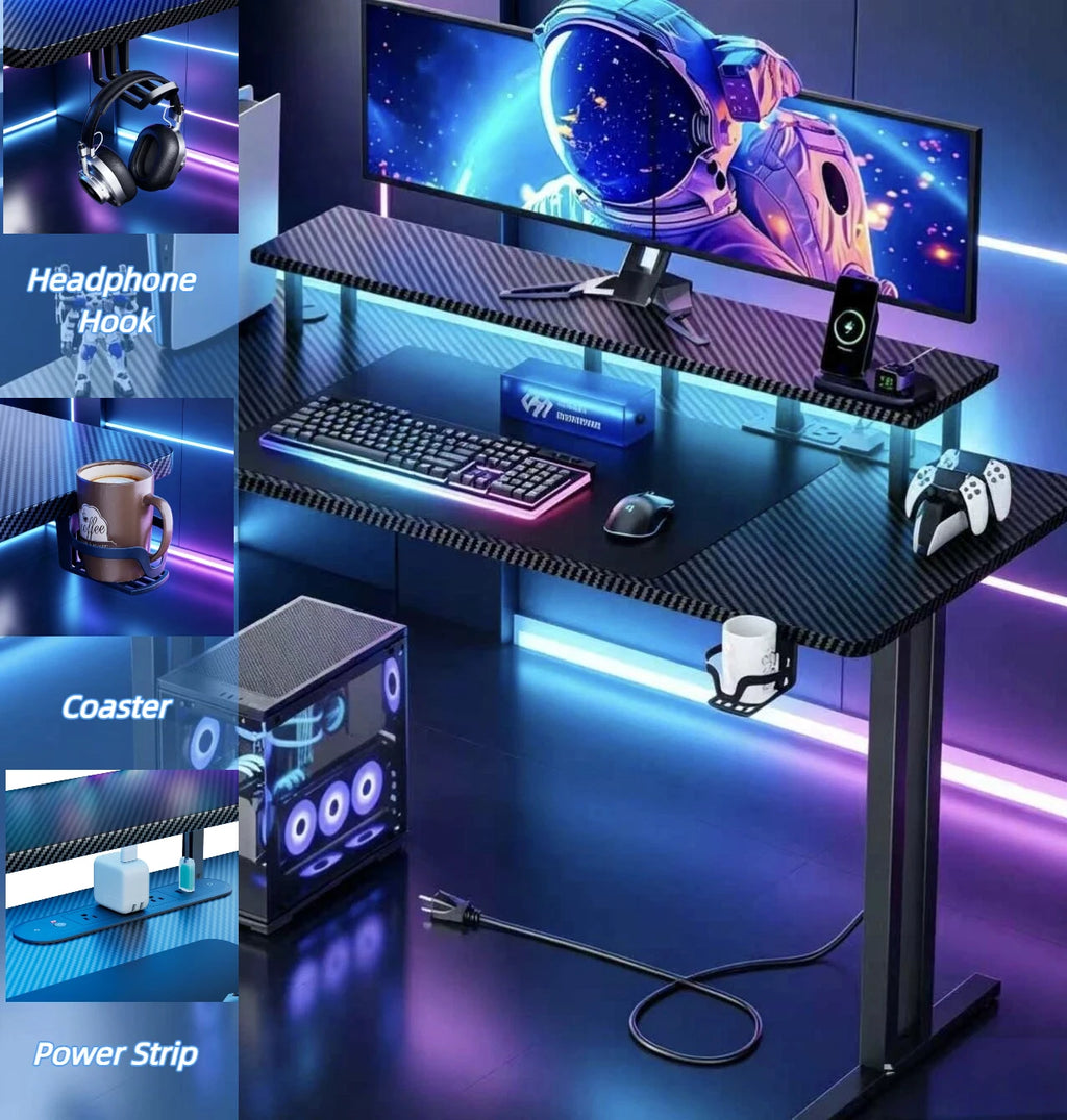 Escritorio gamer con gancho para auriculares y barra LED RGB sobre la mesa