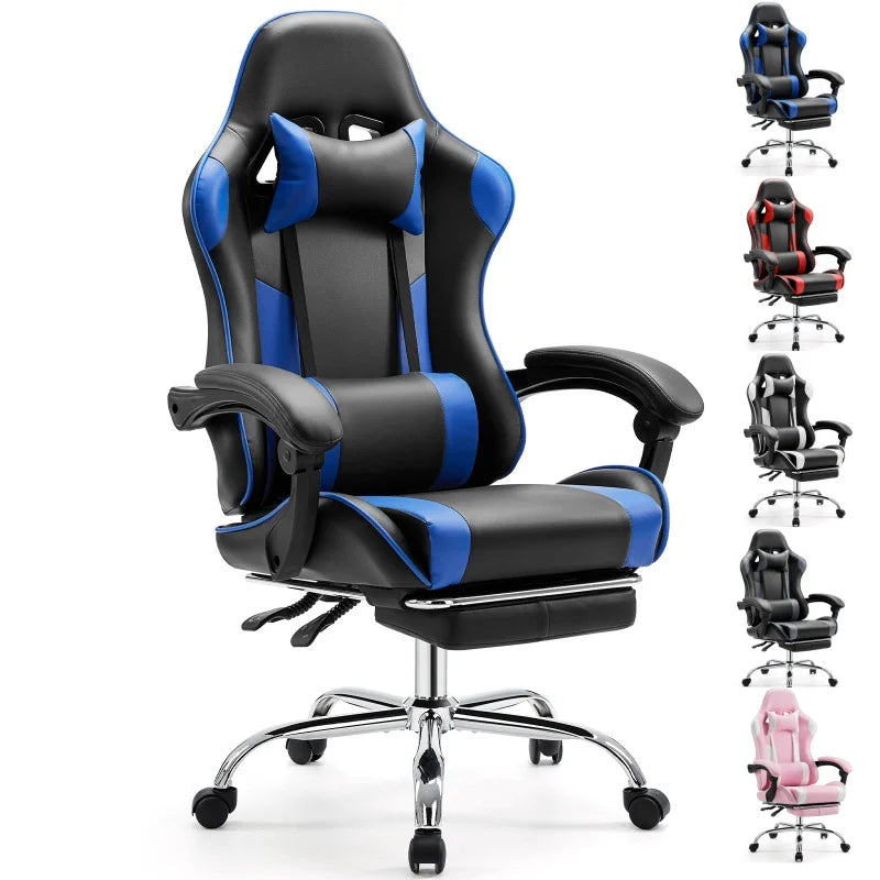 Silla gamer ergonómica negra y azul con reposacabezas, soporte lumbar y base giratoria
