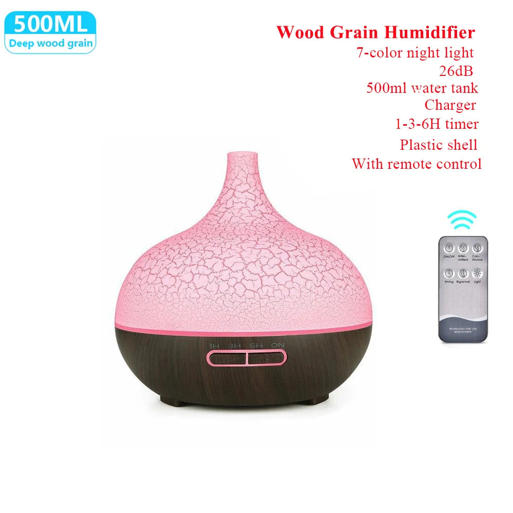 Humidificador de aceite esencial con Control remoto, difusor de Aroma ultrasónico con LED de 7 colores, 300ml, 500ml, para el hogar