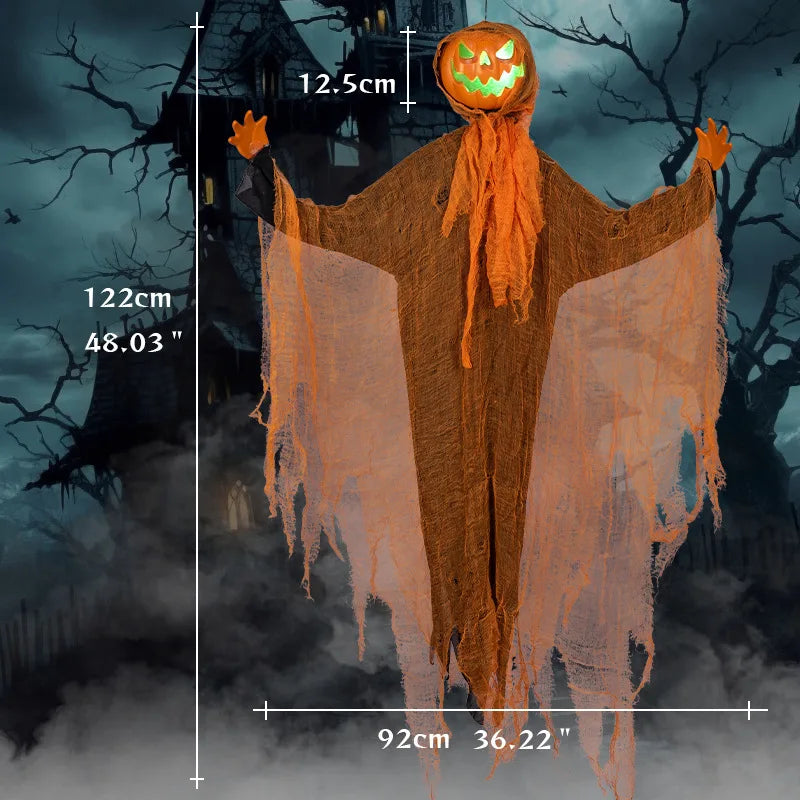 Decoración de Halloween: Calabaza Demonio Luminosa, Espantapájaros Colgante, Calabaza con Cabeza Giratoria, Decoración de Terror para el Hogar y Jardín