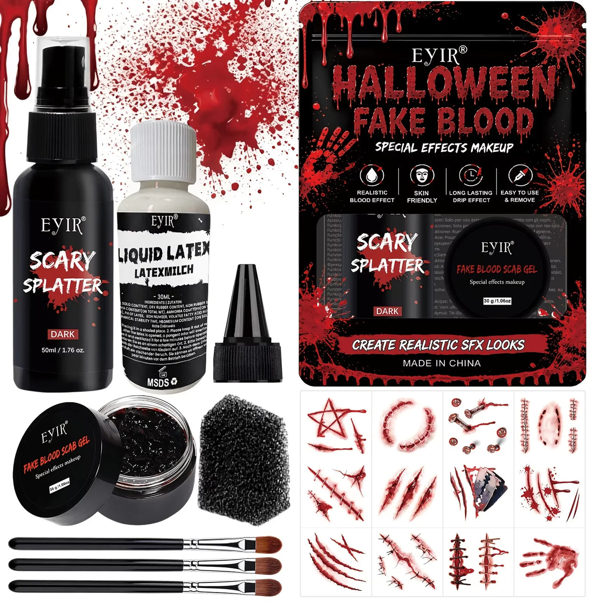 EYIR Kit de Maquillaje SFX Especial Halloween con Spray de Sangre Falsa Gel de Costra Pegatinas de Heridas 3D Esponja para Cosplay Maquillaje de Terror