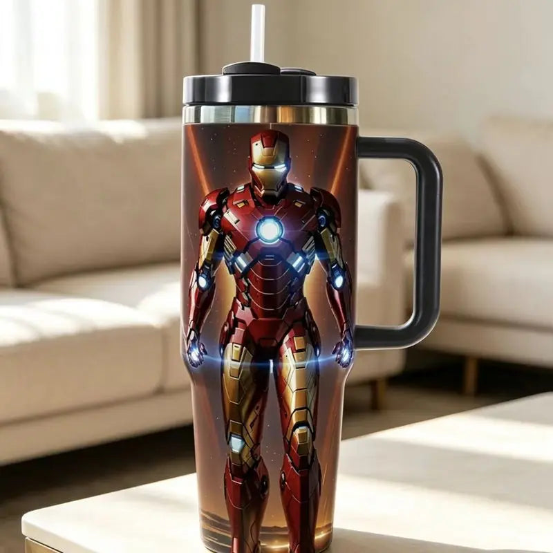 Vaso Térmico de Acero Inoxidable de 40 Onzas con Diseño de Iron Man, Taza de Viaje con Asa y Pajita para Uso Diario