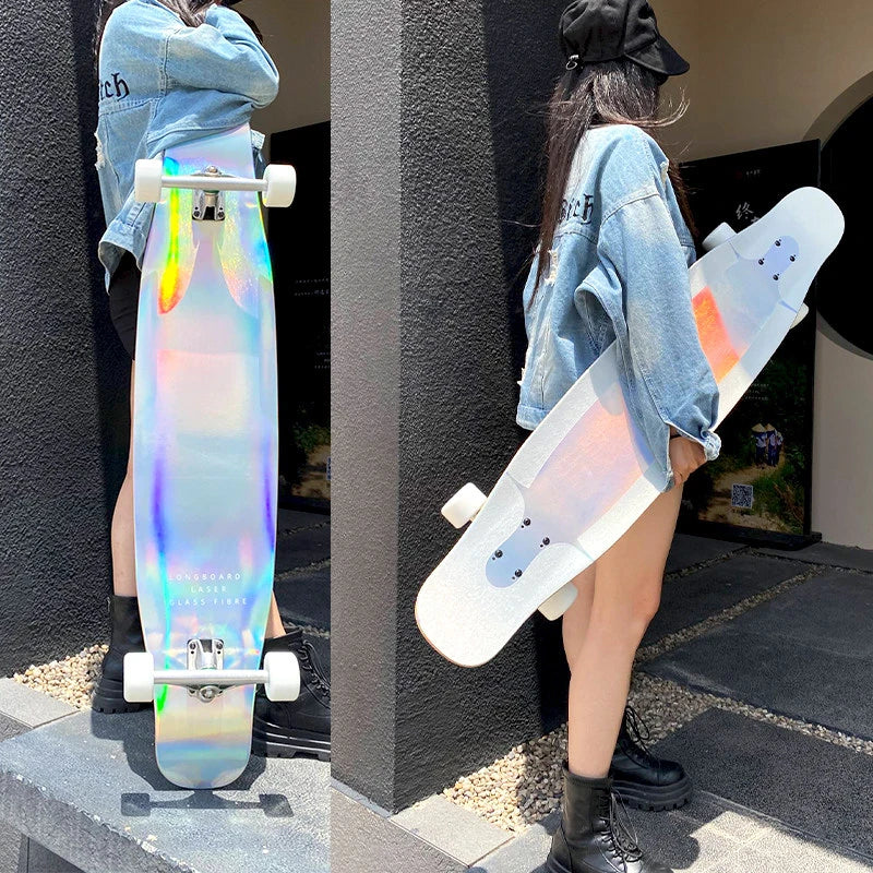 Longboard con Patrón Láser, Tabla de Skate Profesional de Fibra de Vidrio, Ligera, Delgada y Flexible, Tabla de Baile Freestyle para Principiantes