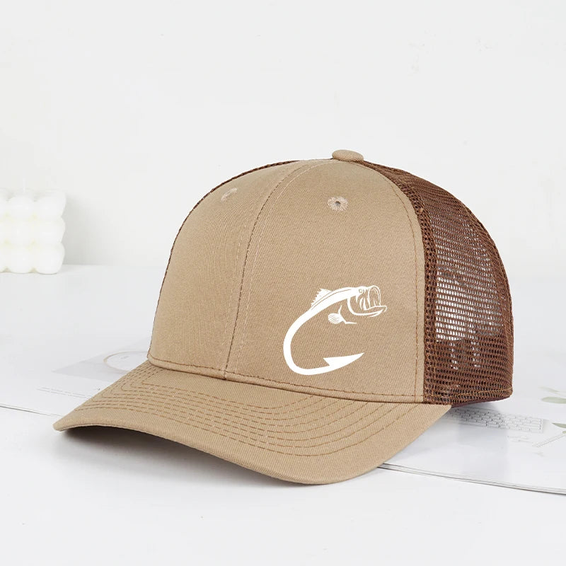 Gorra de camionero con estampado de anzuelo para pesca de lubina, ajustable, unisex, de malla, para pesca y protección solar