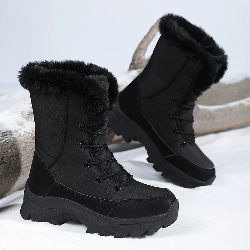 Botas de nieve para mujer, impermeables, antideslizantes, cálidas, de estilo nororiental, con forro de algodón, botas de esquí, con forro polar, de tejido grueso, resistentes al desgaste, botas de algodón de caña alta.