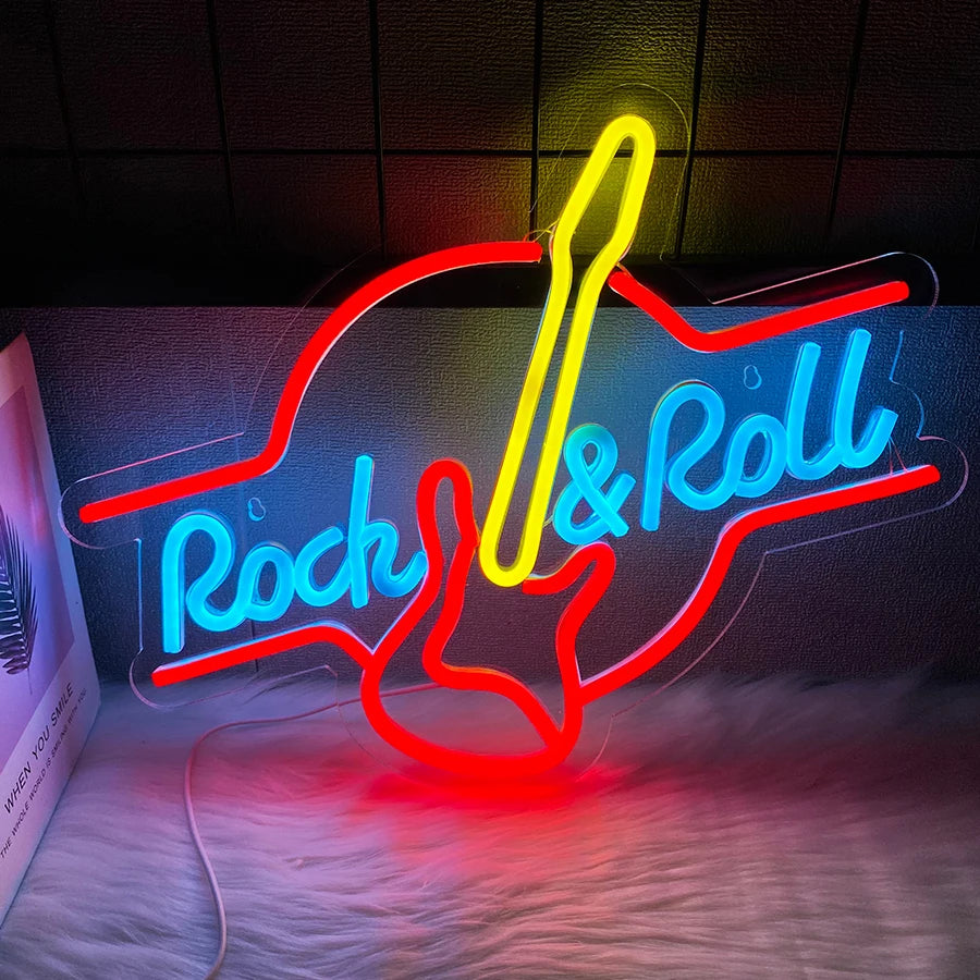 Letrero neón LED con guitarra Rock & Roll, cable visible, brillo rojo, azul y amarillo