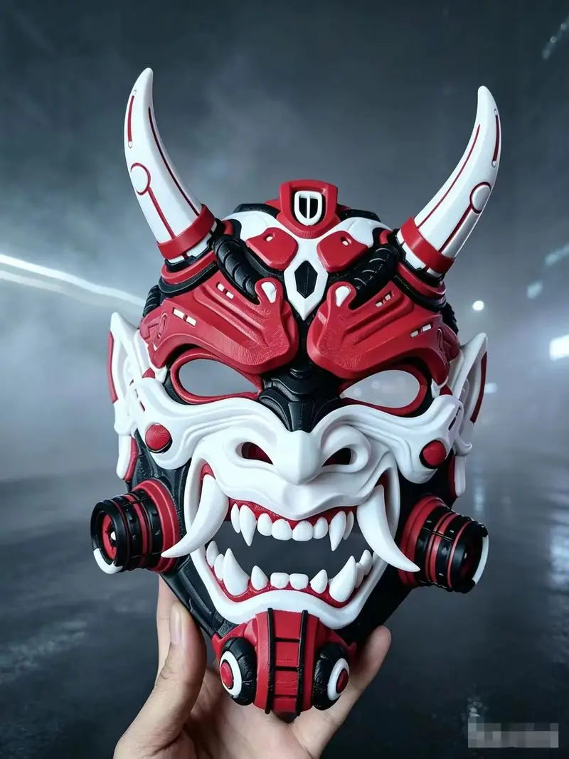 Máscara Genérica de Demonio Oni Cyberpunk para Disfraz de Halloween, Accesorio de Cosplay, Máscara Hannya de Samurai Roja, Blanca y Negra para Fiesta
