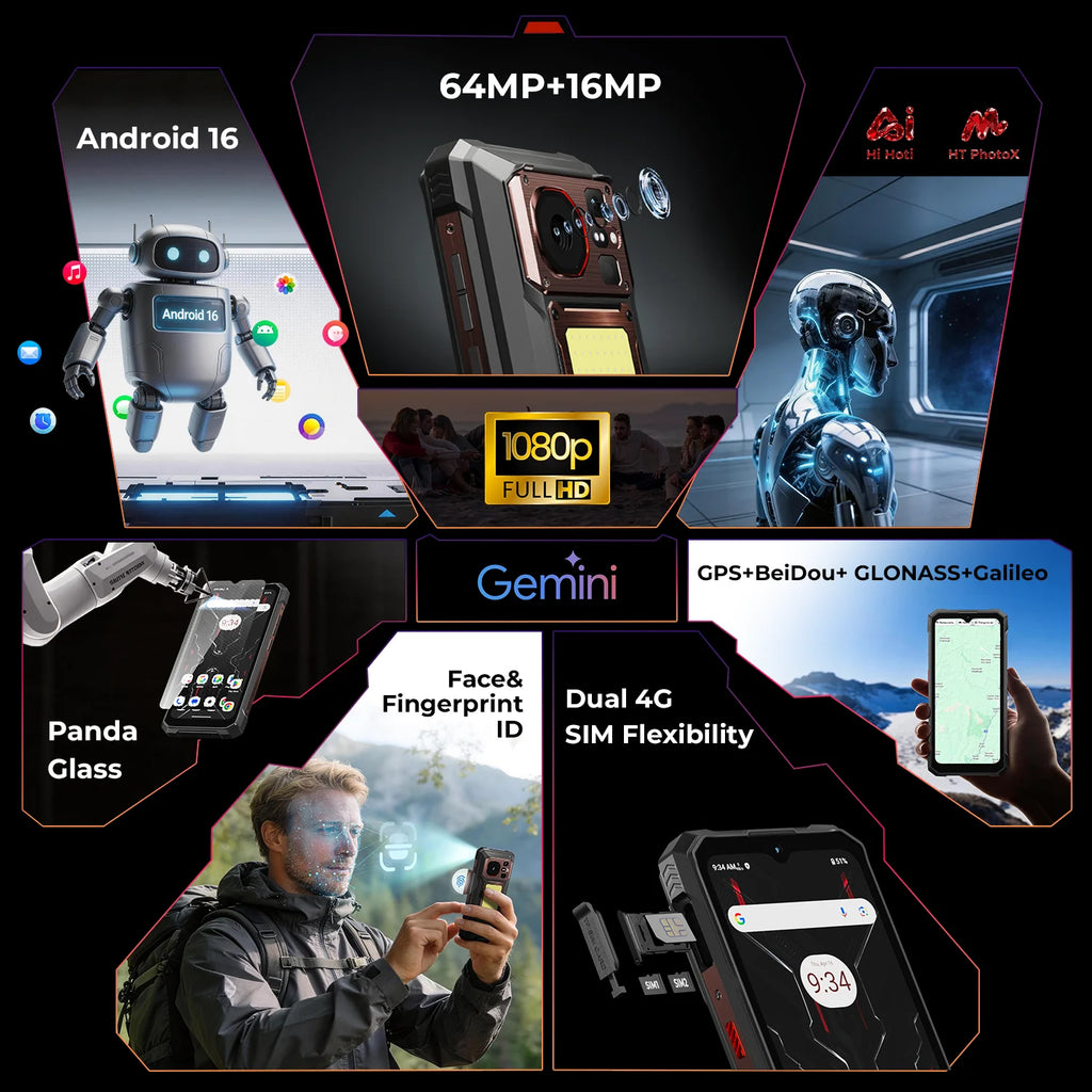 HOTWAV Newest W11 Pro Android 16 Octa-core Rugged Cellphone 6.6'' FHD+ 120Hz Display 20800mAh Massive Battery 33W Fast Charging Smartphone 6GB RAM 256GB ROM Super Camping Light 64MP+20MP+16MP Camera Mobile Phone With Hi Hoti