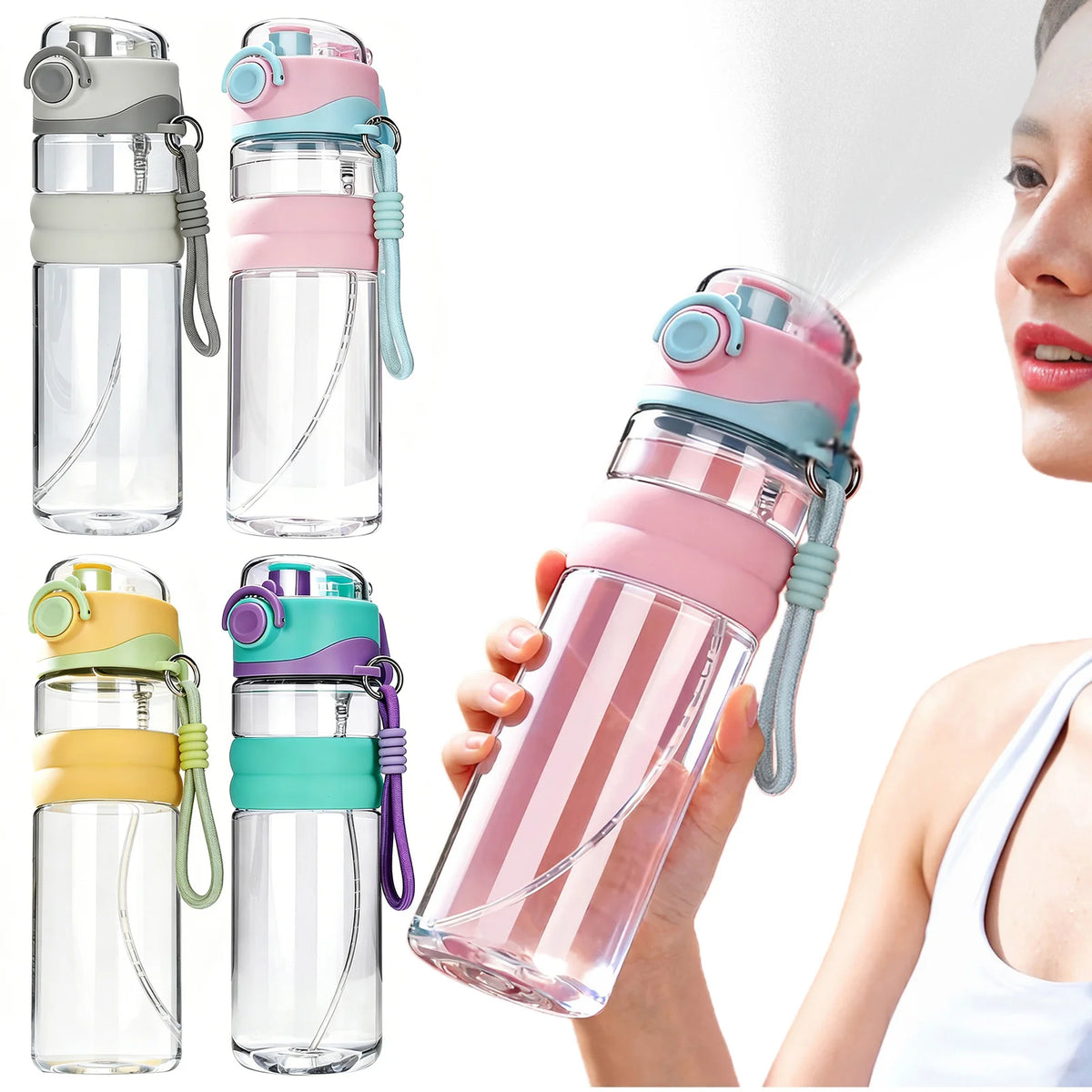 Botella de agua para niños de 750 ml, botella de agua deportiva con pulverizador y pajita, botellas de agua portátiles para viajes al aire libre, oficina, caminatas