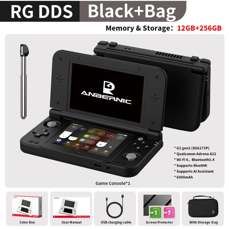 Consola de Juegos Portátil Retro Anbernic RG DDS con Pantalla IPS de 4.7"/4" Doble, Batería de 6000mAh, Android, 16 Juegos, Compatible con Asistente de IA y Streaming