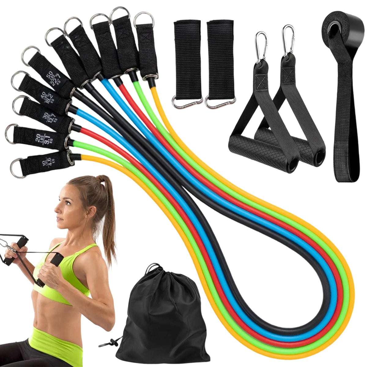 Juego de 5 Bandas de Resistencia Portátiles de 10-50 Libras, Bandas Elásticas para Ejercicios de Yoga, Pilates, Entrenamiento de Espalda, Desarrollo Muscular, Equipo de Gimnasio