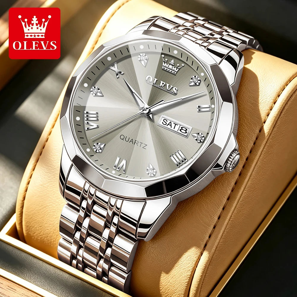 Reloj OLEVS 9931 de gran venta para hombre, moda, espejo de rombo, correa de acero sólido, fecha, resistente al agua, luminoso, reloj de cuarzo original para hombre