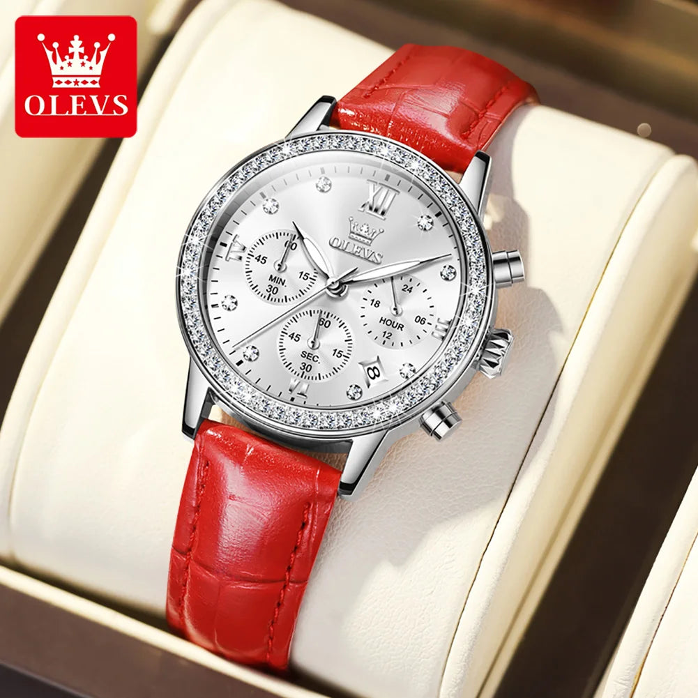 Reloj para mujer OLEVS 9933, marca de lujo, reloj de pulsera de cuarzo con diamantes, resistente al agua, luminoso, correa de cuero, reloj multifunción para dama