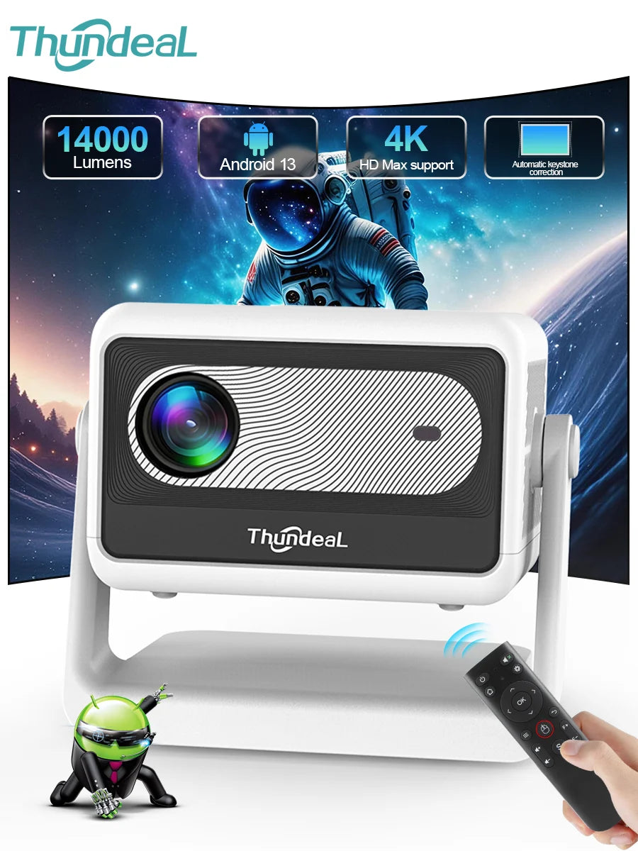 Proyector portátil blanco con lente frontal negra y control remoto