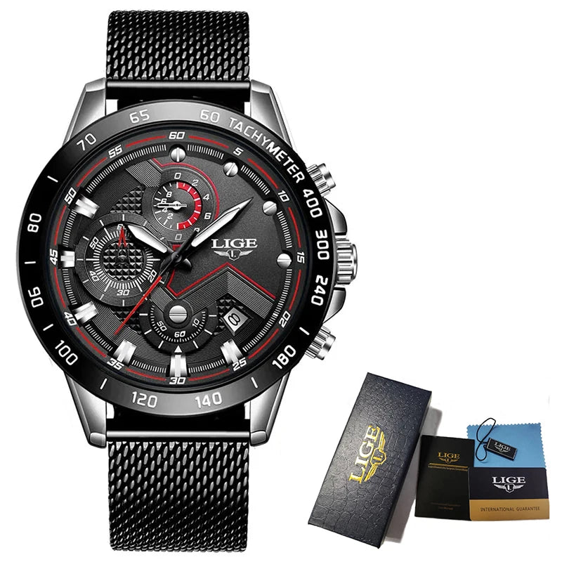 Reloj de cuarzo LIGE de marca superior de lujo para hombre, reloj de moda de negocios con correa de malla, resistente al agua, luminoso, cronógrafo