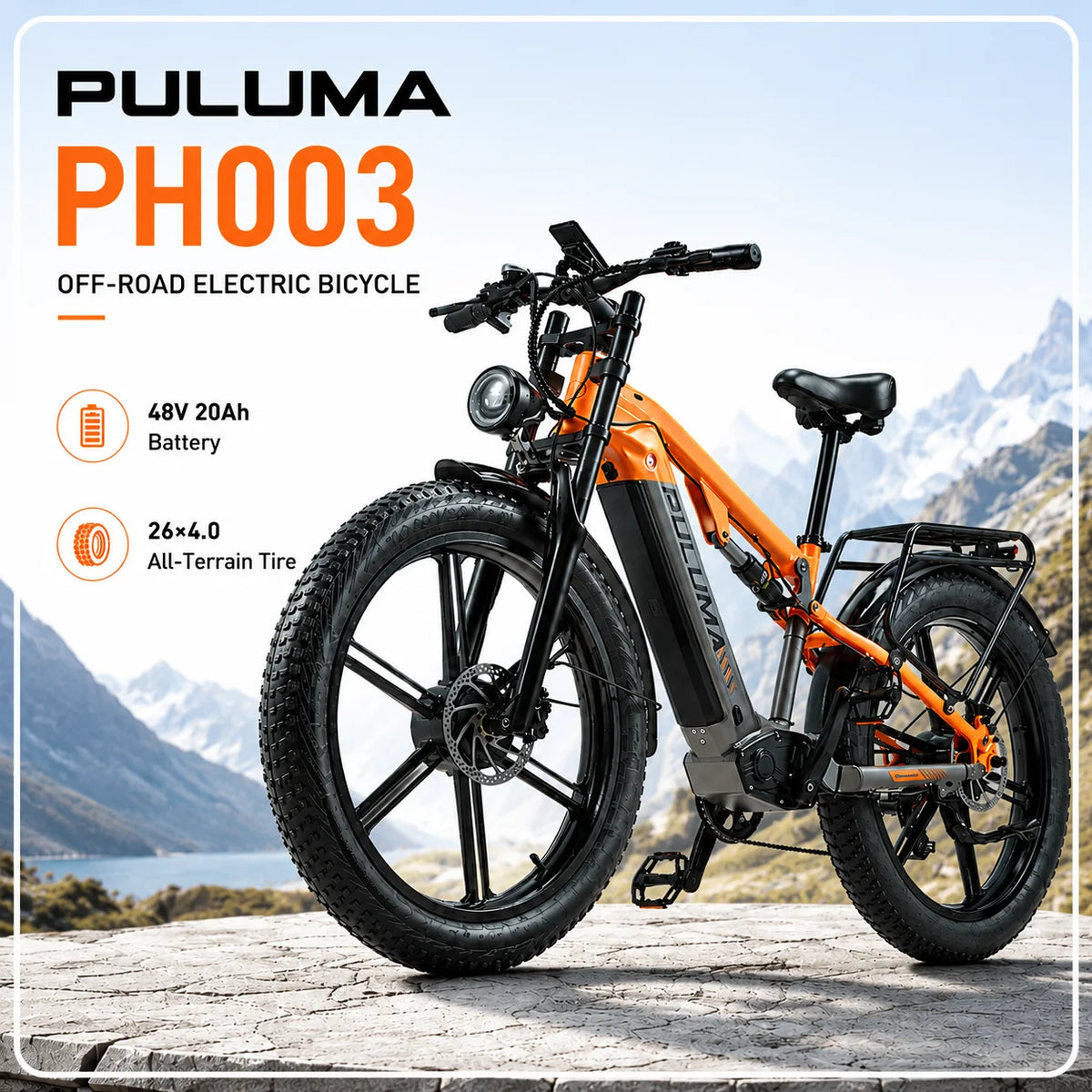 Bicicleta eléctrica de montaña y ciudad Puluma 003 con doble motor, batería de litio de 48V 20Ah, neumáticos anchos de 26 pulgadas y frenos hidráulicos para adultos
