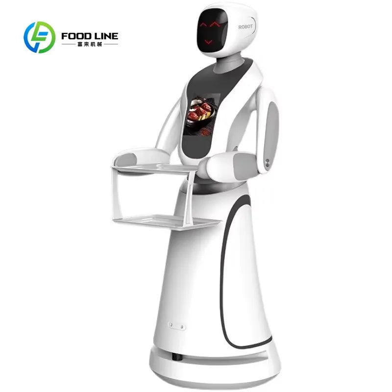 Robot camarero automático blanco con bandeja y pantalla negra, vista frontal