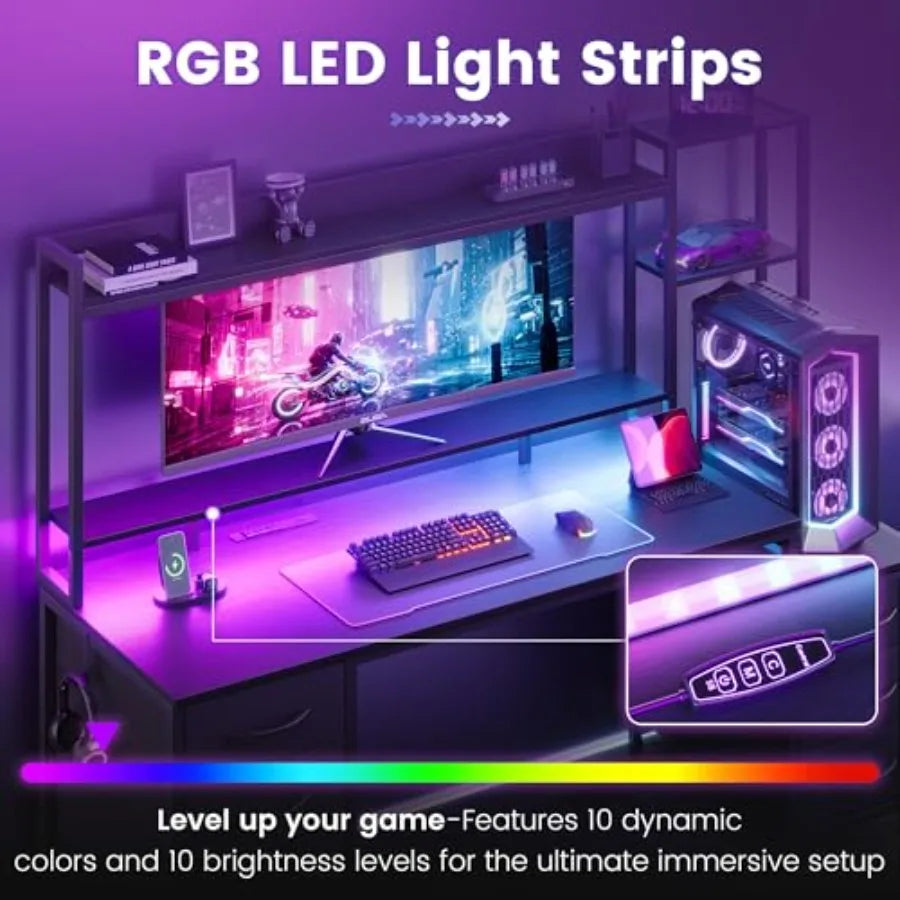 Escritorio negro con tira de luces LED RGB y área de trabajo con teclado