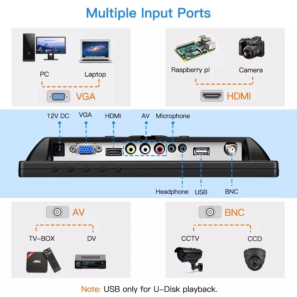 Monitor de escritorio pequeño Eyoyo de 10" HD 1024*768, monitor CCTV con pantalla LCD 4:3, puertos HDMI, VGA, BNC, AV, compatible con montaje en pared, altavoz integrado para videovigilancia.