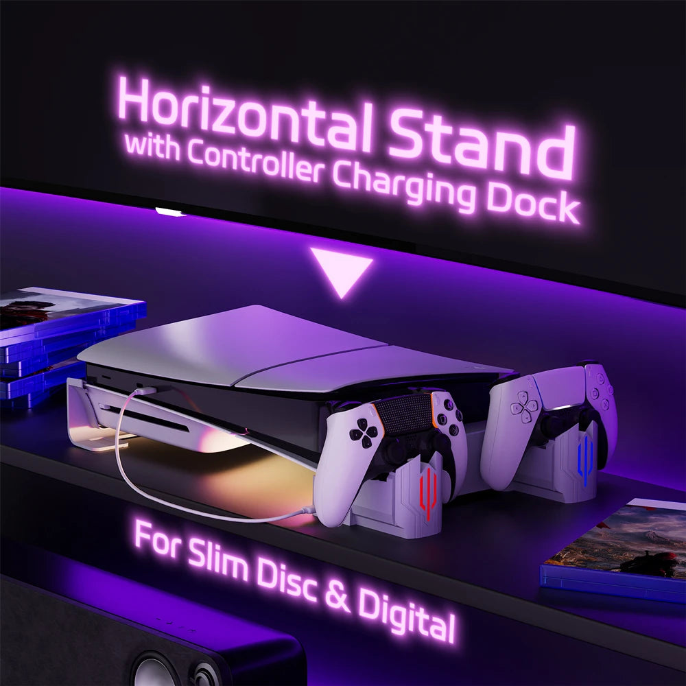 Base horizontal con dock de carga para mandos e iluminación RGB violeta