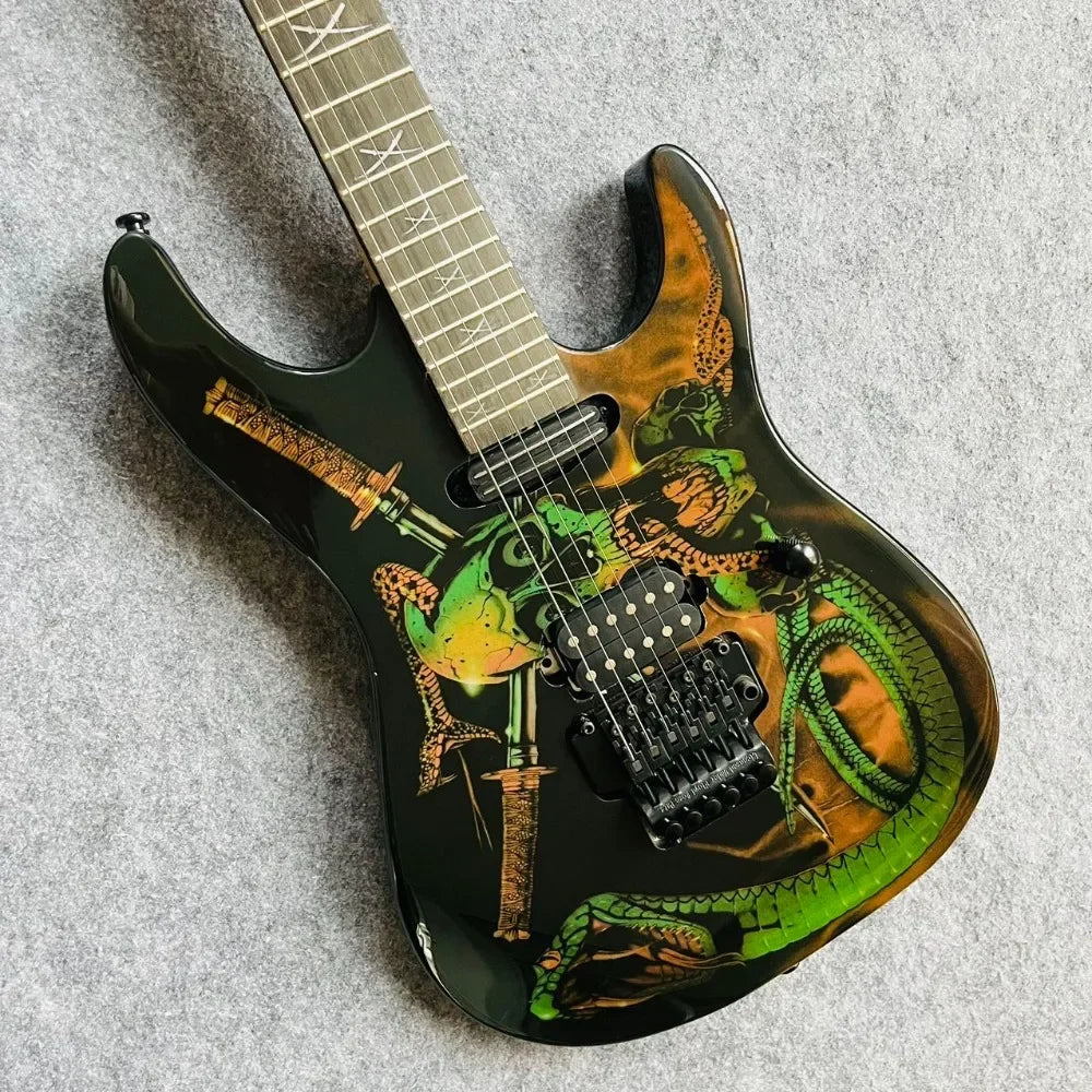 Guitarra Eléctrica Marrón en Oferta de Almacén Alemán, Diapasón de Palisandro con Patrón de Serpiente y Trémolo de Doble Bloqueo