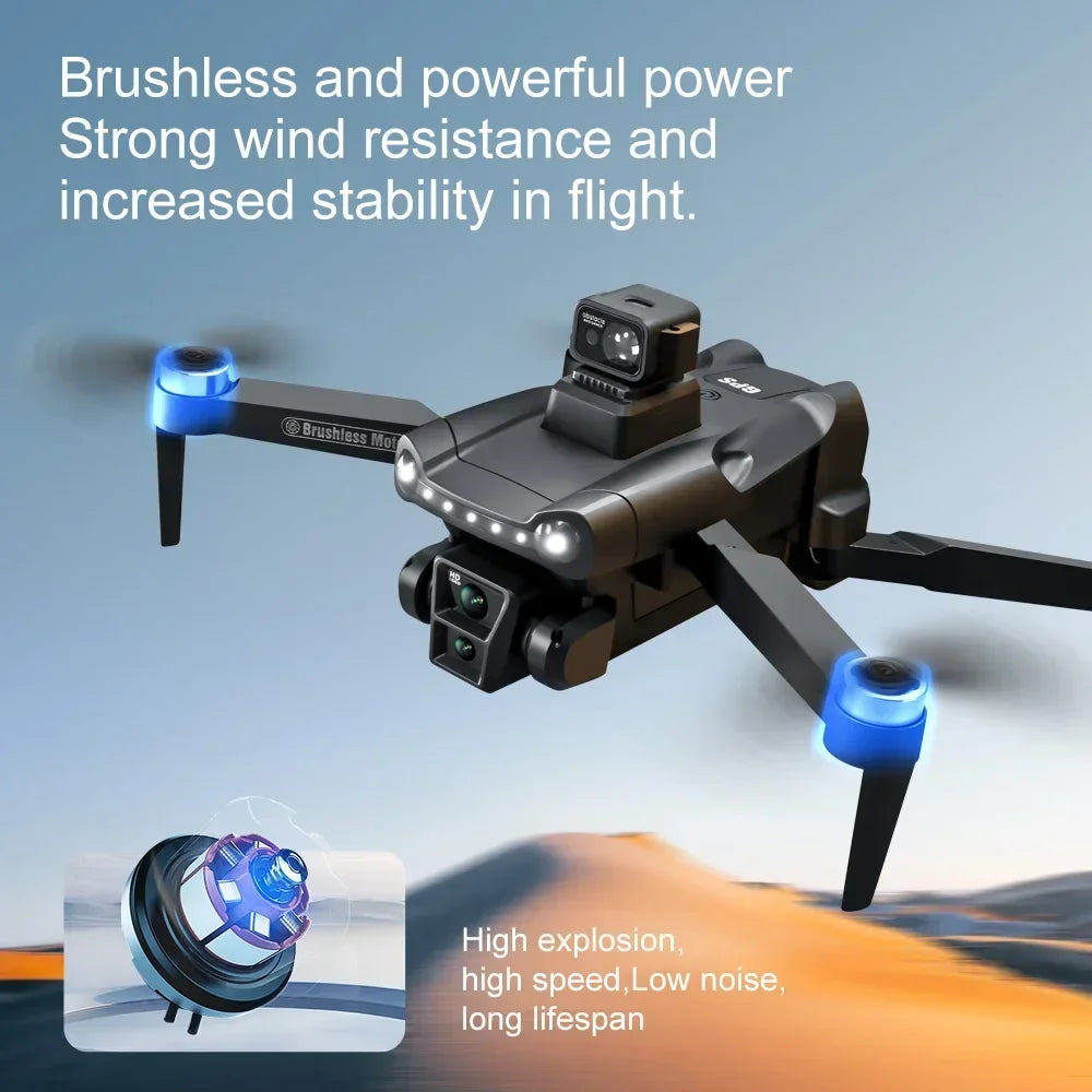 Dron plegable mini negro con 4 hélices y luces frontales, vista en ángulo