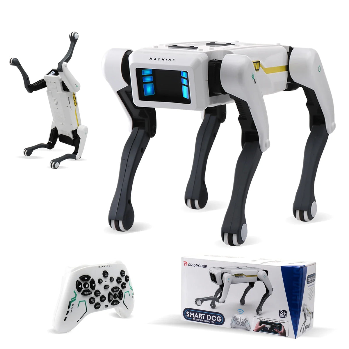 Perro robot RC blanco con pantalla azul, mando y caja del producto