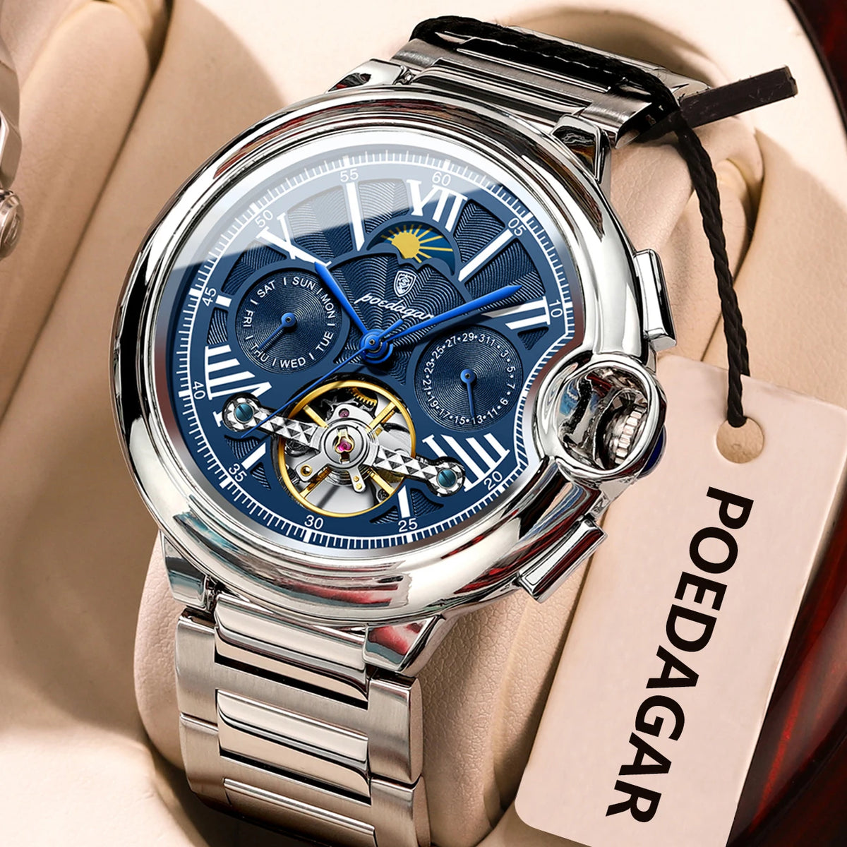 Reloj POEDAGAR de lujo para hombre, de negocios, con fecha, día, tourbillon de acero inoxidable, reloj mecánico automático impermeable para hombre
