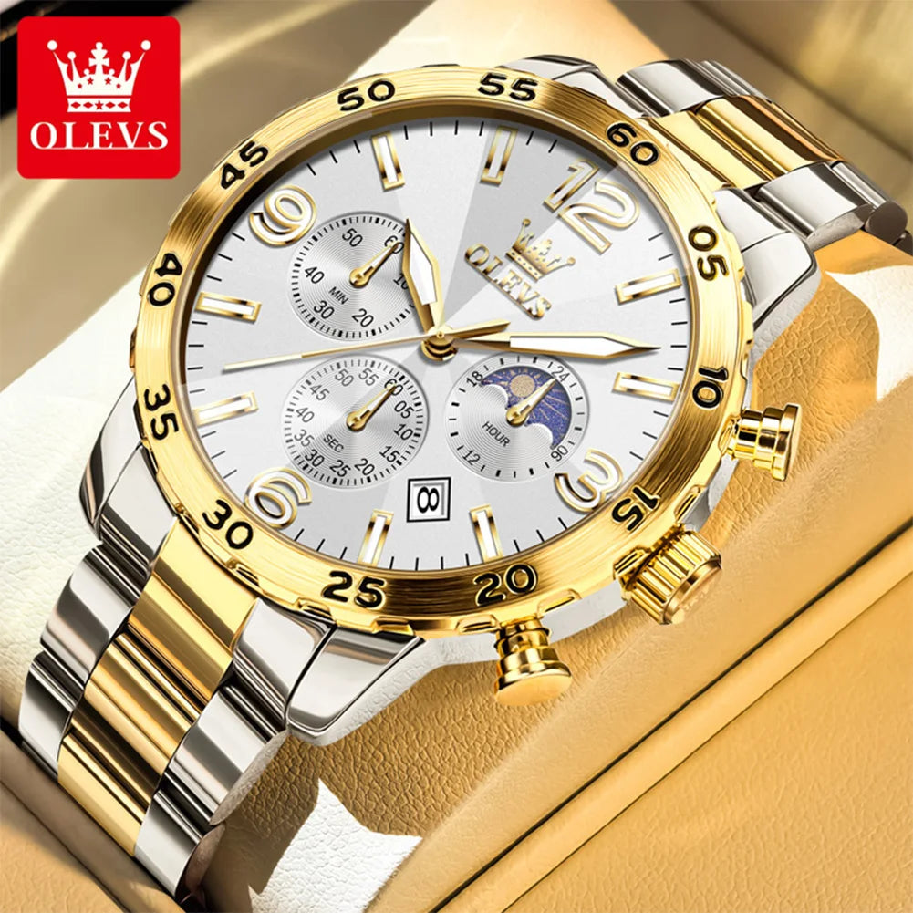OLEVS 3678 Mens Watch Original Stainless Steel Quartz Watch Waterproof Luminous Moon Phase Watch Automatic Date Mens Gifts Reloj