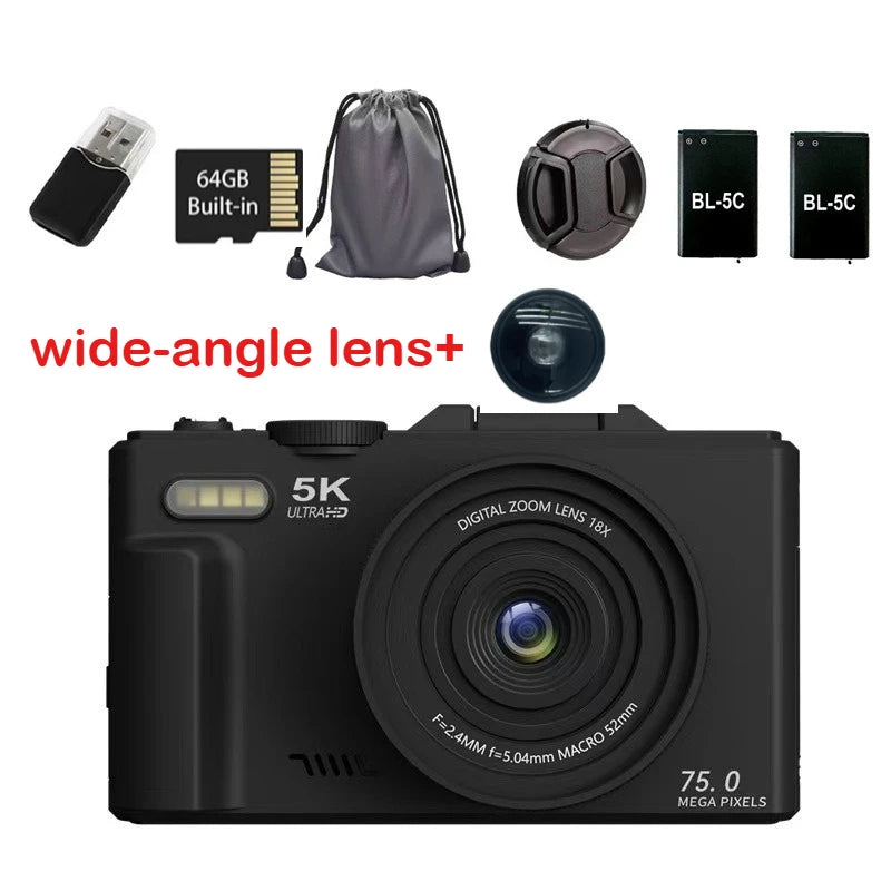 Cámara digital 5K para fotografía Cámara Vlogging de 75 MP para YouTube 3" 180 °   Pantalla abatible, cámara de disparo puntual con zoom digital 18X de 32 GB